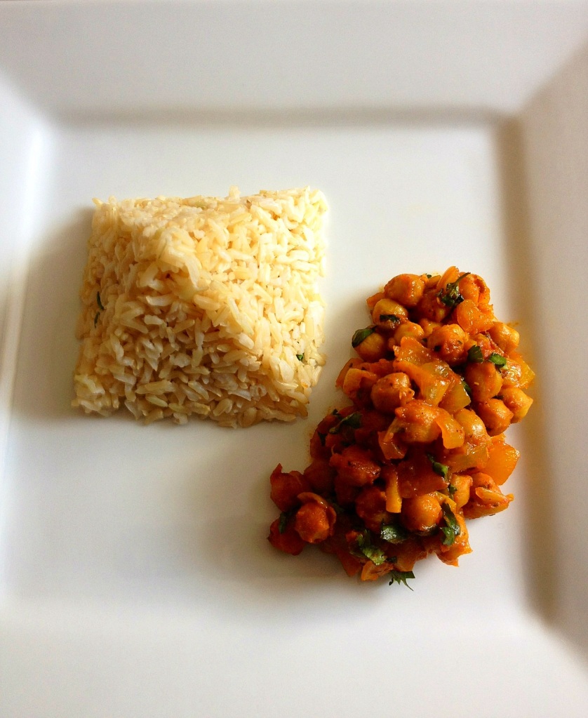 Chana Masala (Chick Peas Curry) with brown basmati rice pyramid