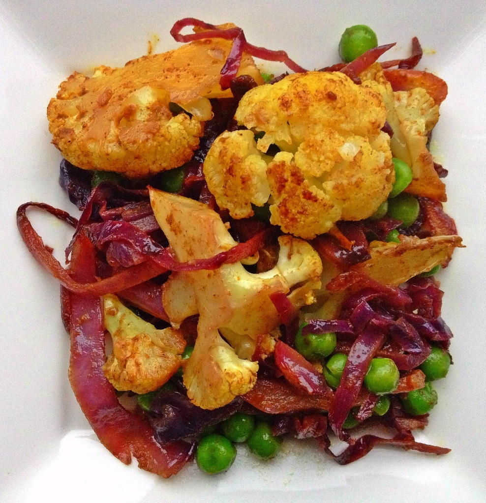 Indian Roasted Vegetables: curried cauliflower, red cabbage and green peas