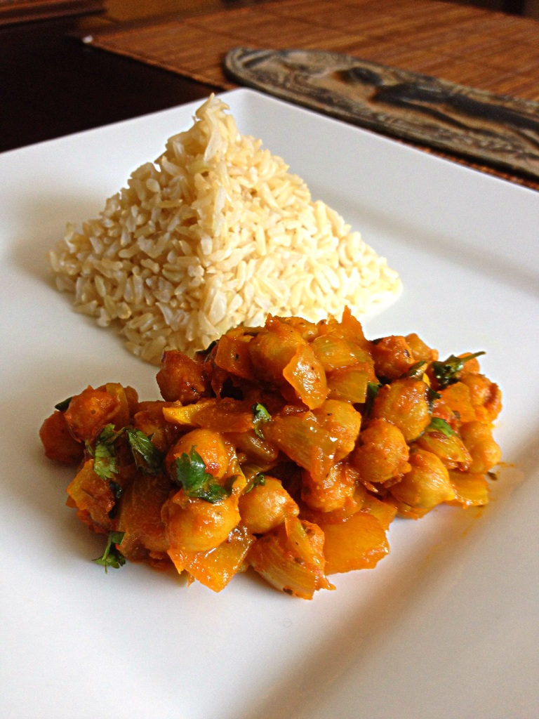 Chana Masala (Chick Peas Curry) with brown basmati rice pyramid