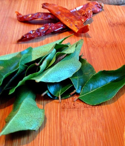 Fresh curry leaves and dry red chillies for Valentine's Day Chilli Biscuits