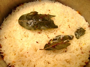 Basmati rice with cumin seeds, bay leaf, and saffron