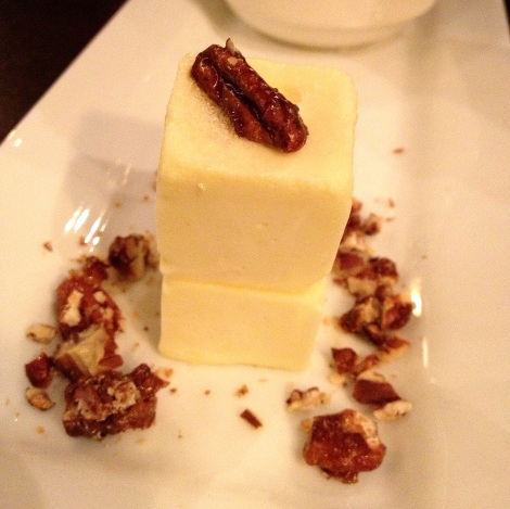 Cream cheese semi-freddo and candied pecans at Harvist in Harlem