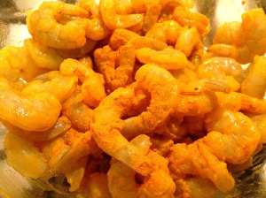 Combining fresh shrimp with turmeric for Indian Shrimp Curry