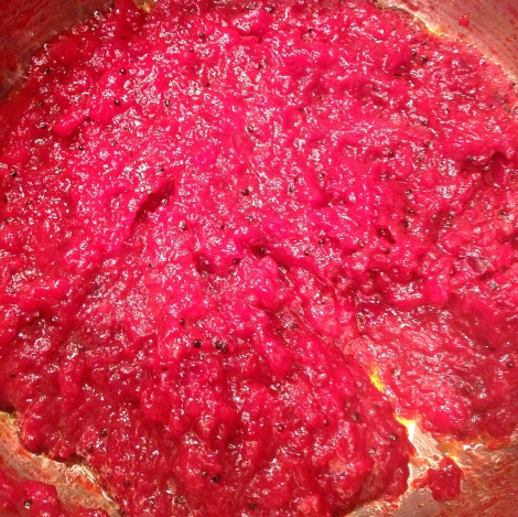 After adding the spices and cooking down, the chutney should look like this